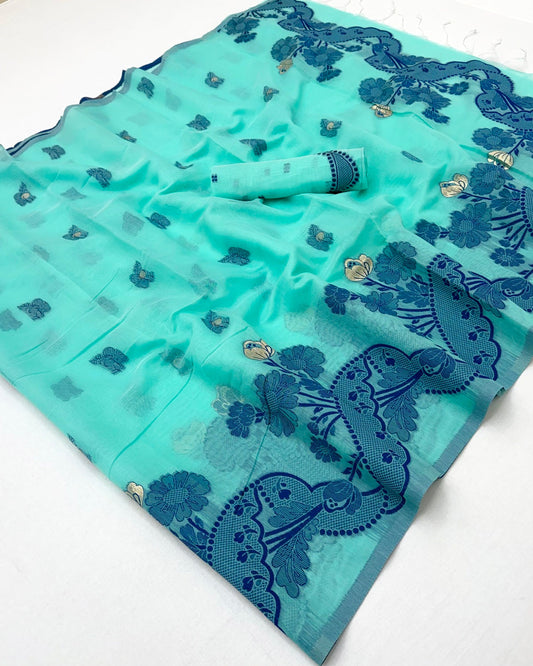 Gratifying Sky Jamdani Cotton Silk Saree With Mellifluous Blouse Piece