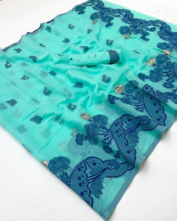 Gratifying Sky Jamdani Cotton Silk Saree With Mellifluous Blouse Piece
