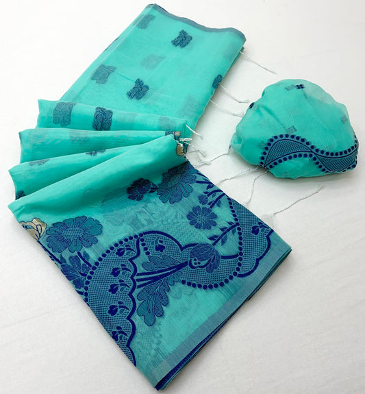Gratifying Sky Jamdani Cotton Silk Saree With Mellifluous Blouse Piece