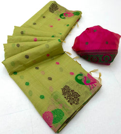 Fantabulous Green Pure Munga Cotton Silk Saree With Resonant Blouse Piece
