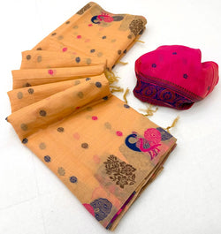 Eclat Peach Pure Munga Cotton Silk Saree With Amiable Blouse Piece