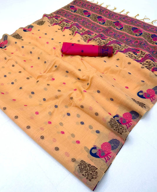 Eclat Peach Pure Munga Cotton Silk Saree With Amiable Blouse Piece