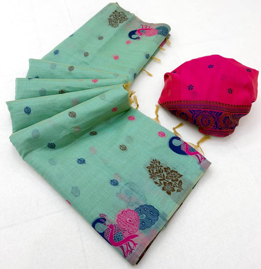 Majestic Turquoise Pure Munga Cotton Silk Saree With Dissemble Blouse Piece