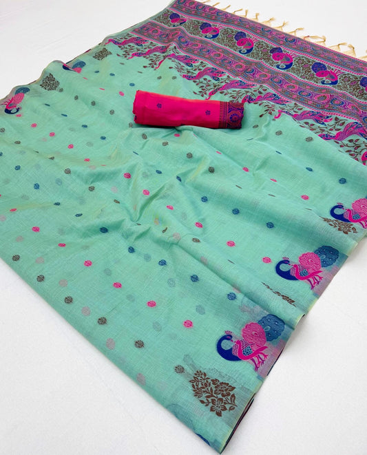 Majestic Turquoise Pure Munga Cotton Silk Saree With Dissemble Blouse Piece