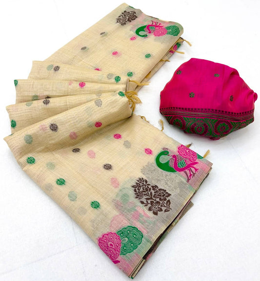 Skinny Beige Pure Munga Cotton Silk Saree With Wonderful Blouse Piece