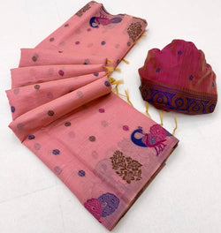 Ornate Pink Pure Munga Cotton Silk Saree With Sizzling Blouse Piece