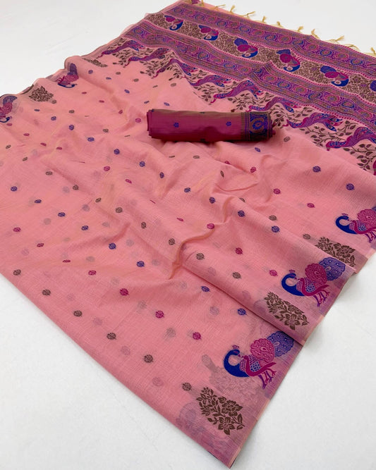 Ornate Pink Pure Munga Cotton Silk Saree With Sizzling Blouse Piece