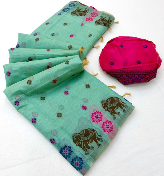 Flamboyant Sea Green Pure Munga Cotton Silk Saree With Imaginative Blouse Piece