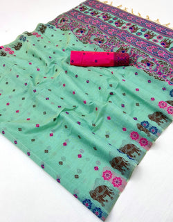 Flamboyant Sea Green Pure Munga Cotton Silk Saree With Imaginative Blouse Piece