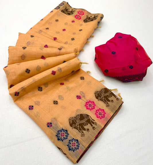 Flameboyant Peach Pure Munga Cotton Silk Saree With Snazzy Blouse Piece