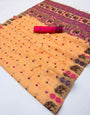 Flameboyant Peach Pure Munga Cotton Silk Saree With Snazzy Blouse Piece
