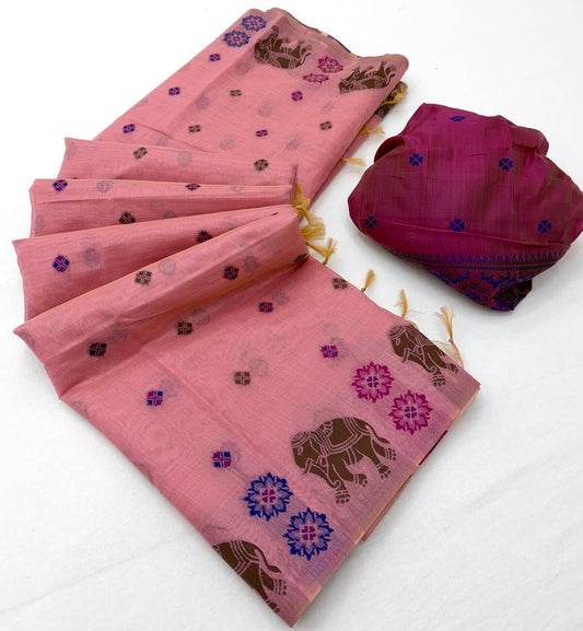 Exemplary Pink Pure Munga Cotton Silk Saree With Excellent Blouse Piece