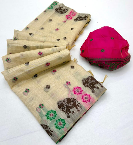Delightful Beige Pure Munga Cotton Silk Saree With Adorable Blouse Piece