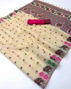 Delightful Beige Pure Munga Cotton Silk Saree With Adorable Blouse Piece