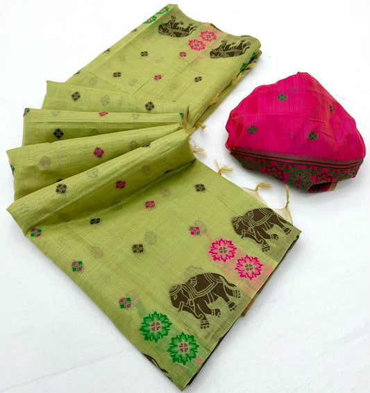 Staring Pista Pure Munga Cotton Silk Saree With Luxuriant Blouse Piece