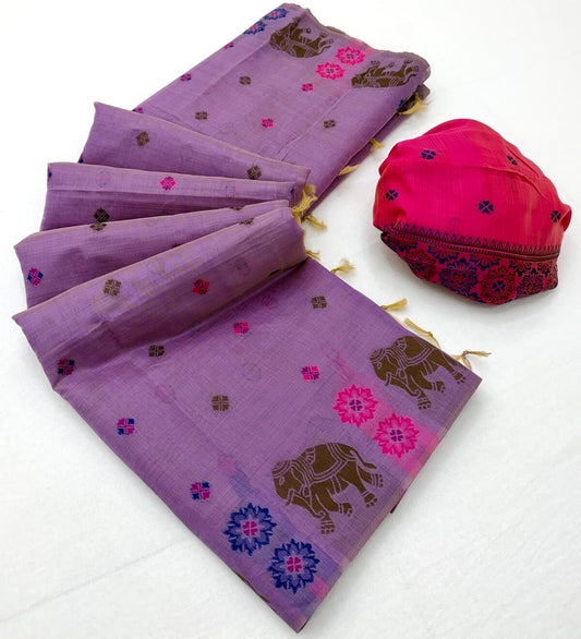 Symmetrical Lavender Pure Munga Cotton Silk Saree With Effulgent Blouse Piece
