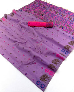 Symmetrical Lavender Pure Munga Cotton Silk Saree With Effulgent Blouse Piece