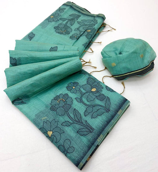 Pulsating Sea Green Pure Munga Cotton Silk Saree With Vestigial Blouse Piece