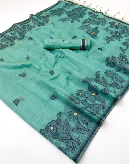 Pulsating Sea Green Pure Munga Cotton Silk Saree With Vestigial Blouse Piece