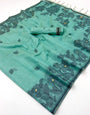 Pulsating Sea Green Pure Munga Cotton Silk Saree With Vestigial Blouse Piece