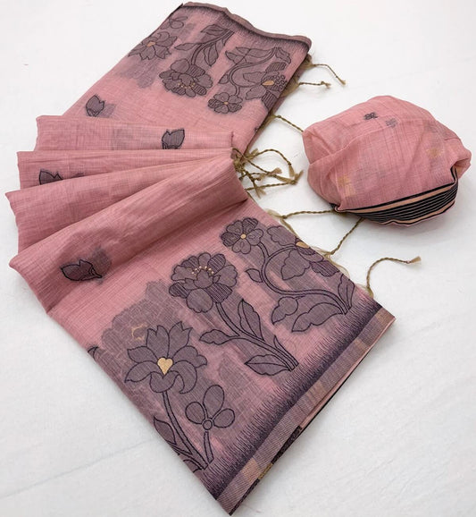 Lovely Pink Pure Munga Cotton Silk Saree With Surpassing Blouse Piece