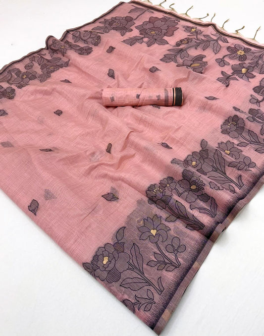 Lovely Pink Pure Munga Cotton Silk Saree With Surpassing Blouse Piece