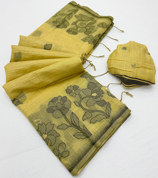 Sophisticated Yellow Pure Munga Cotton Silk Saree With Diaphanous Blouse Piece