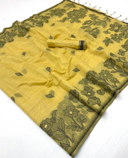 Sophisticated Yellow Pure Munga Cotton Silk Saree With Diaphanous Blouse Piece