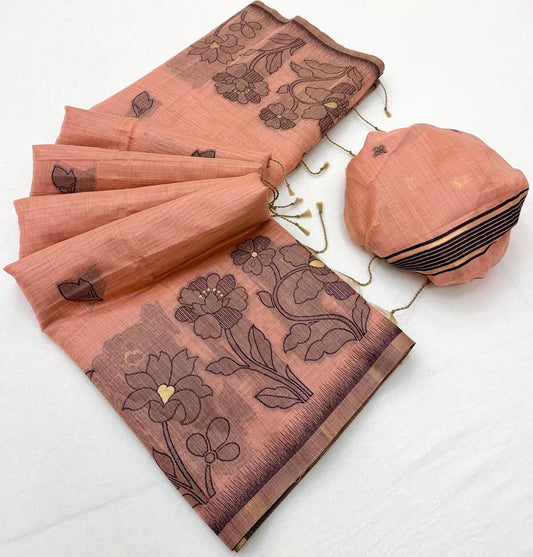 Verdant Peach Pure Munga Cotton Silk Saree With Gratifying Blouse Piece