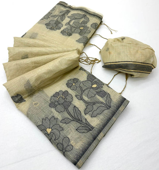 Artistic Beige Pure Munga Cotton Silk Saree With Phenomenal Blouse Piece