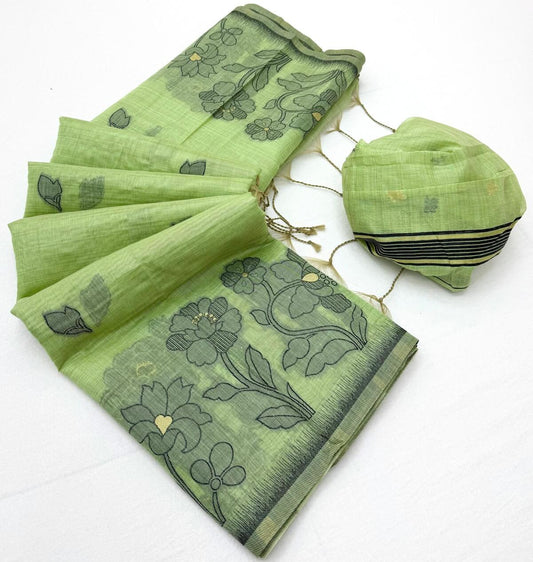 Enamoring Pista Pure Munga Cotton Silk Saree With Classy Blouse Piece