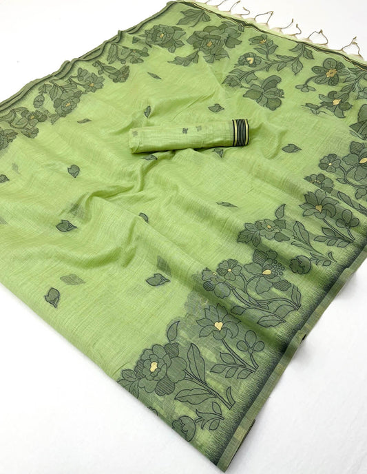Enamoring Pista Pure Munga Cotton Silk Saree With Classy Blouse Piece