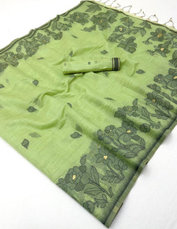 Enamoring Pista Pure Munga Cotton Silk Saree With Classy Blouse Piece