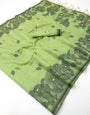 Enamoring Pista Pure Munga Cotton Silk Saree With Classy Blouse Piece