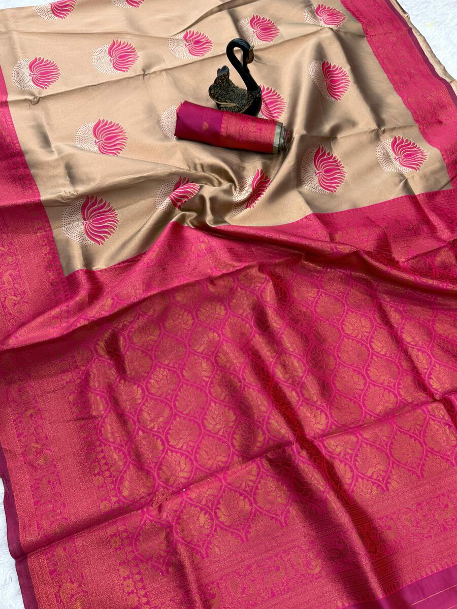 Marvellous Beige and Dark Pink Soft Silk Saree With Elaborate Blouse Piece