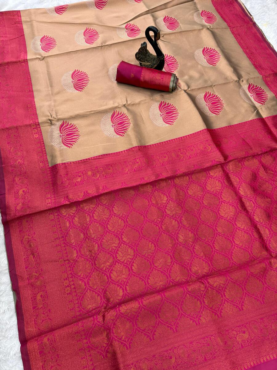 Marvellous Beige and Dark Pink Soft Silk Saree With Elaborate Blouse Piece