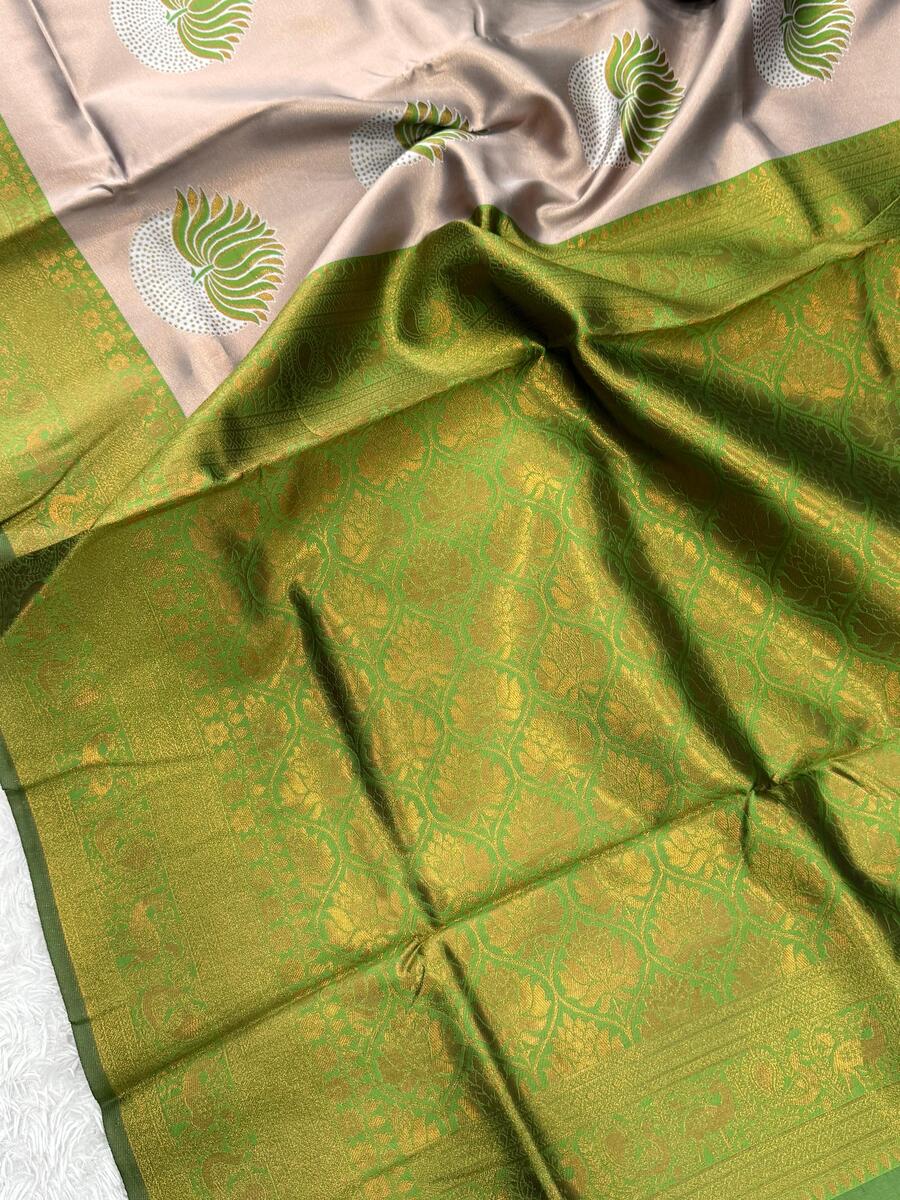 Exuberant Beige and Green Soft Silk Saree With Exceptional Blouse Piece