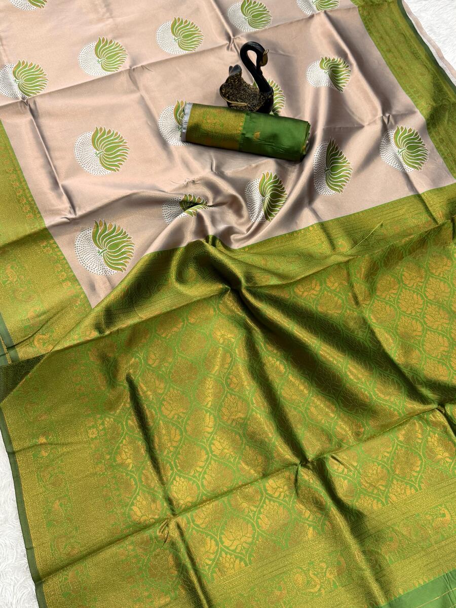 Exuberant Beige and Green Soft Silk Saree With Exceptional Blouse Piece