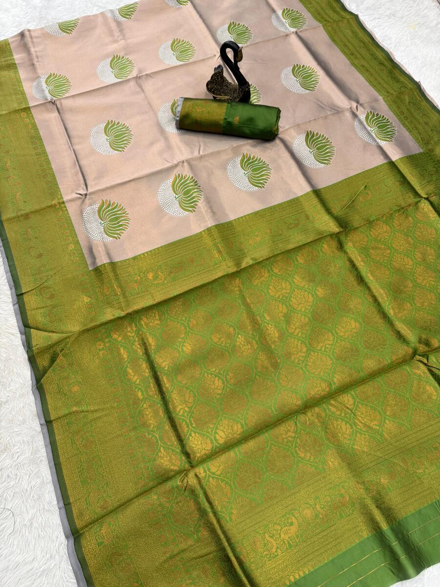 Exuberant Beige and Green Soft Silk Saree With Exceptional Blouse Piece