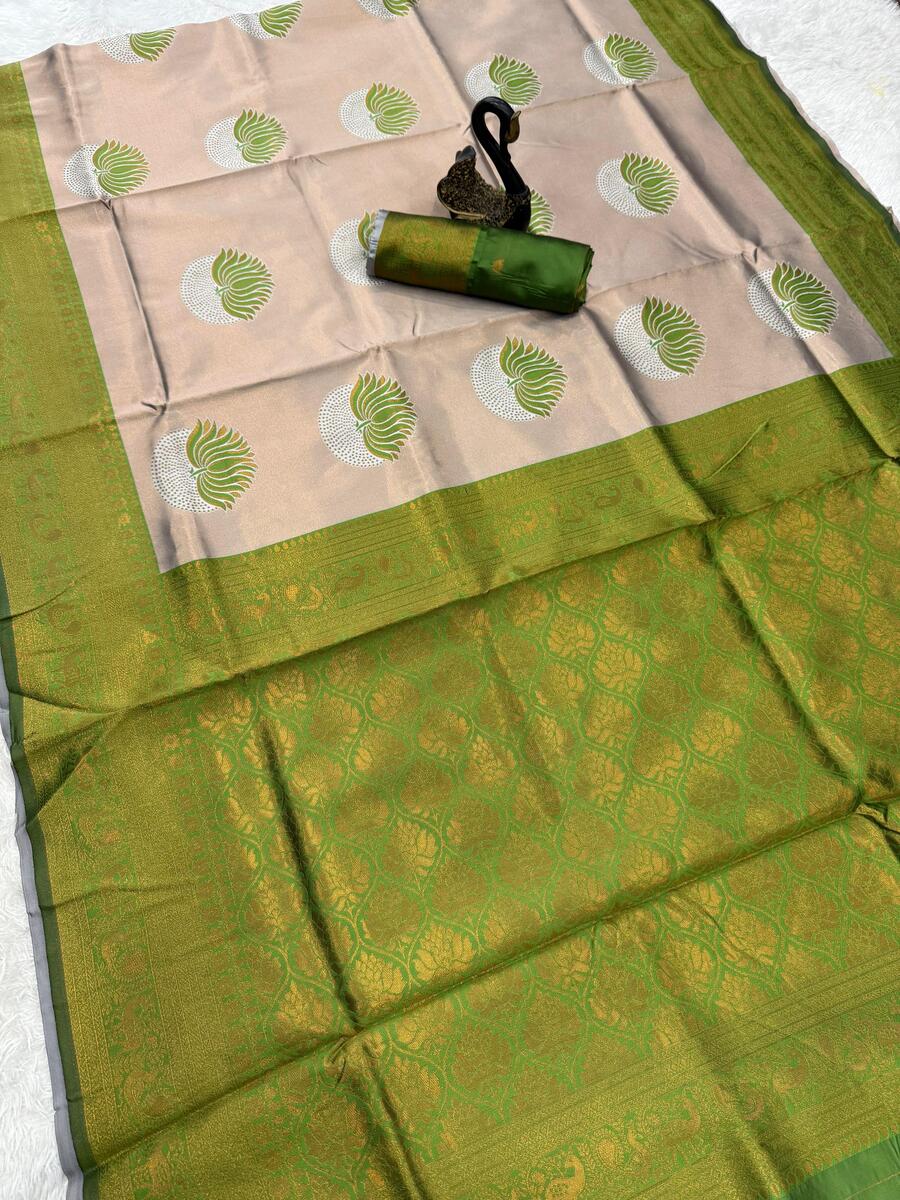 Exuberant Beige and Green Soft Silk Saree With Exceptional Blouse Piece