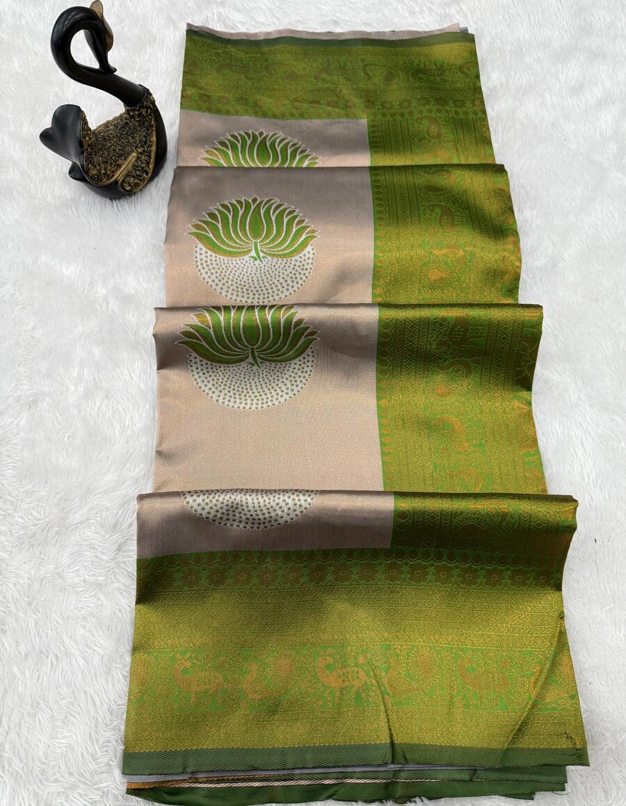 Exuberant Beige and Green Soft Silk Saree With Exceptional Blouse Piece