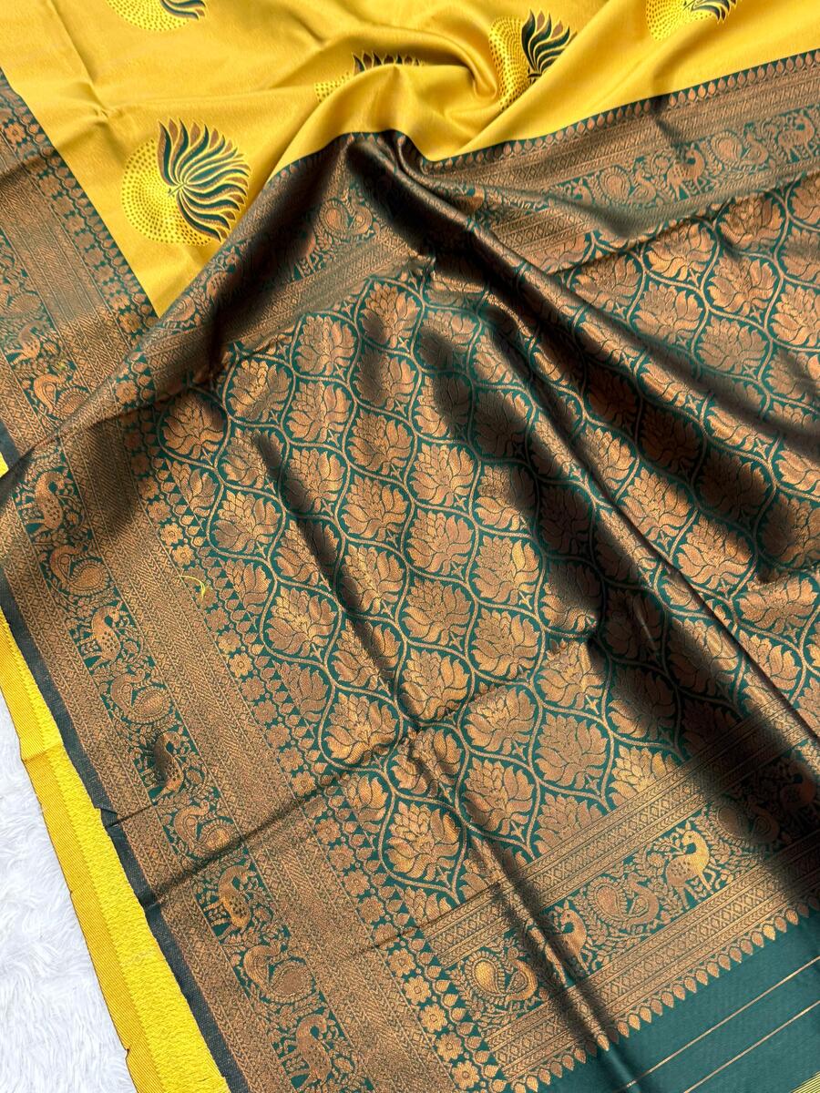 Dalliance Yellow and Green Soft Silk Saree With Vivacious Blouse Piece