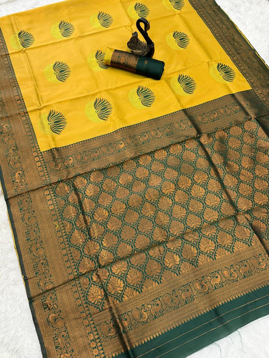 Dalliance Yellow and Green Soft Silk Saree With Vivacious Blouse Piece