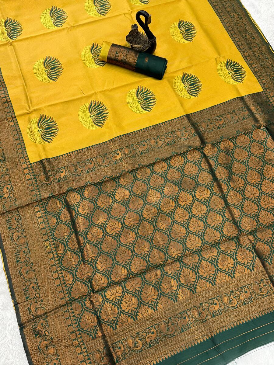 Dalliance Yellow and Green Soft Silk Saree With Vivacious Blouse Piece