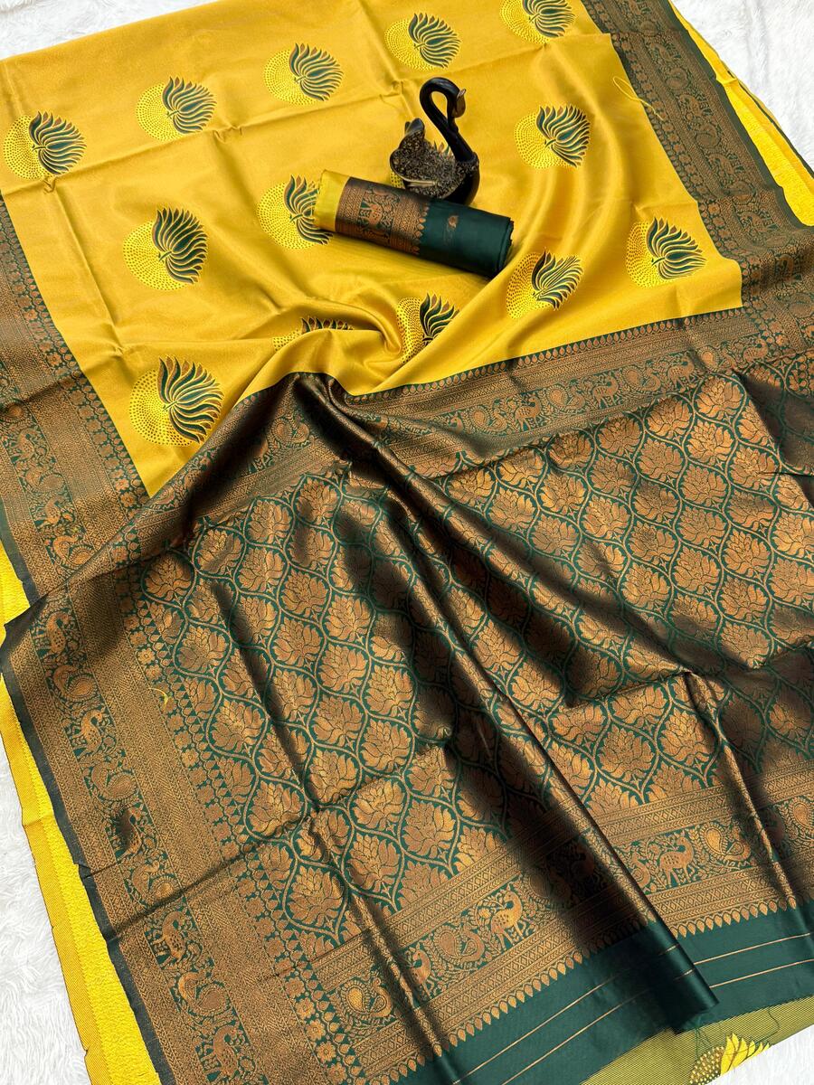 Dalliance Yellow and Green Soft Silk Saree With Vivacious Blouse Piece