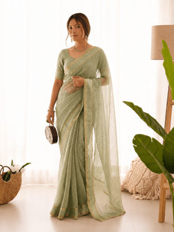 Groovy Pista Banarasi Viscose Silk Saree With Devastating Blouse Piece