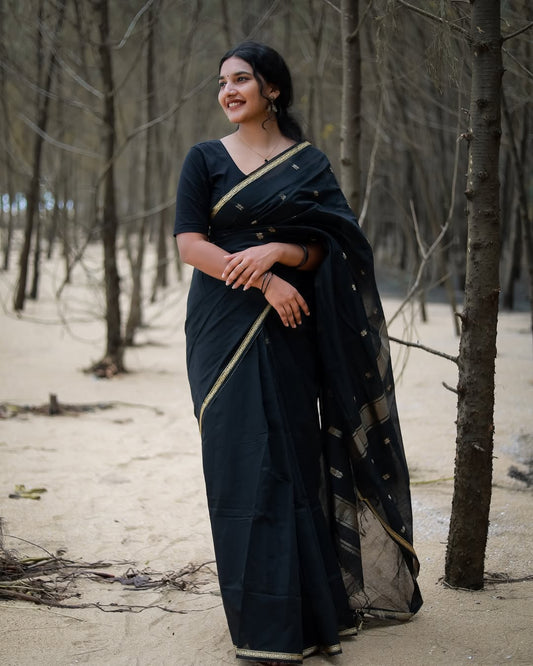 Flameboyant Black Cotton Silk Saree With Snappy Blouse Piece