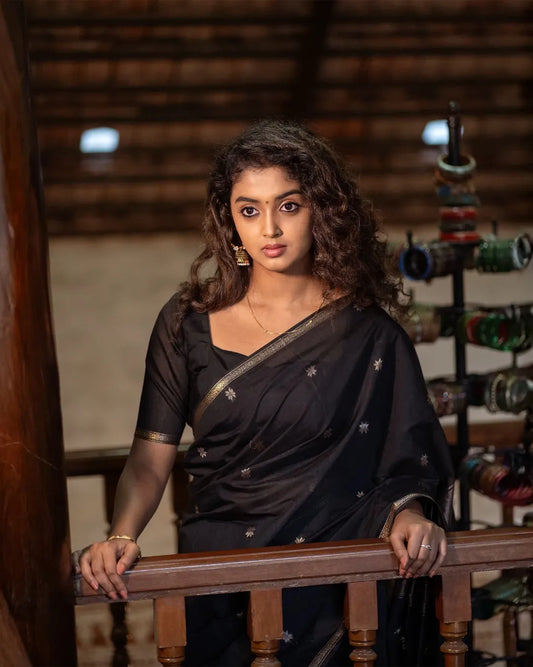 Fancifull Black Cotton Silk Saree With Fantabulous Blouse Piece