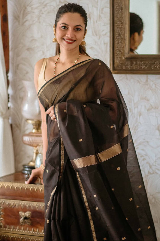 Diaphanous Black Cotton Silk Saree With Lagniappe Blouse Piece