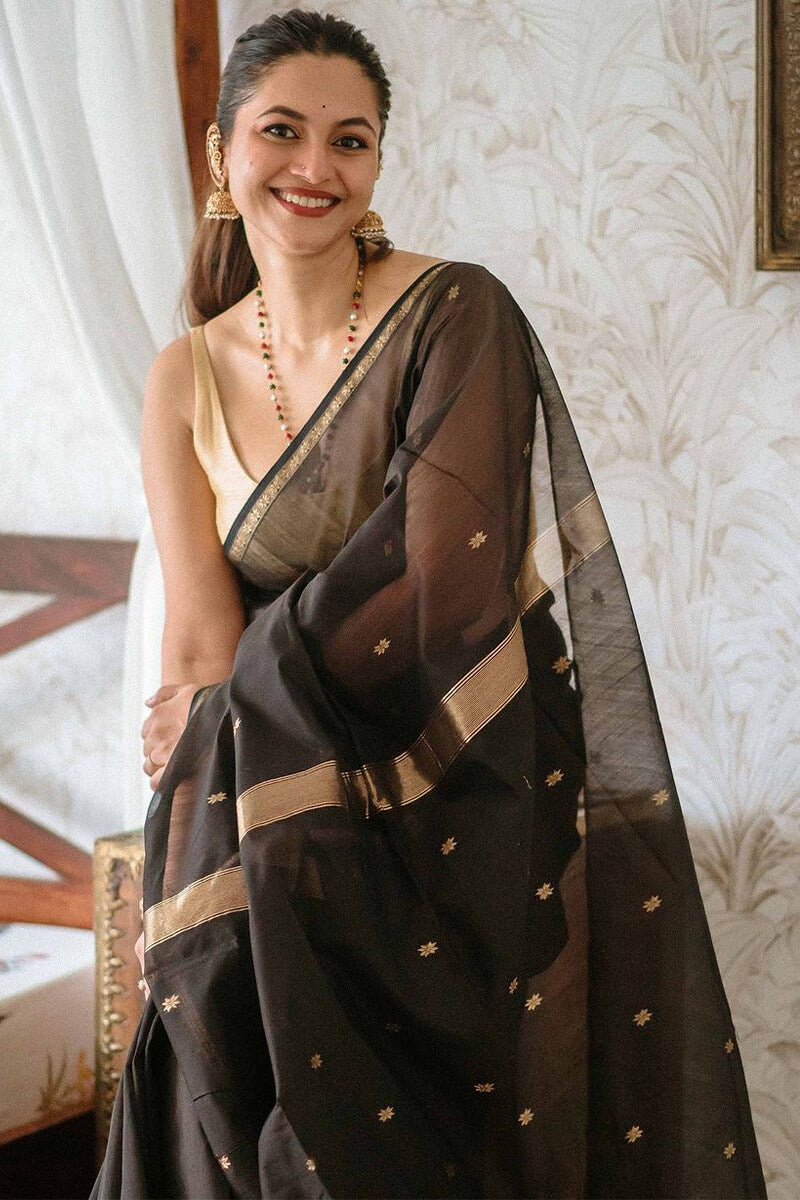 Diaphanous Black Cotton Silk Saree With Lagniappe Blouse Piece